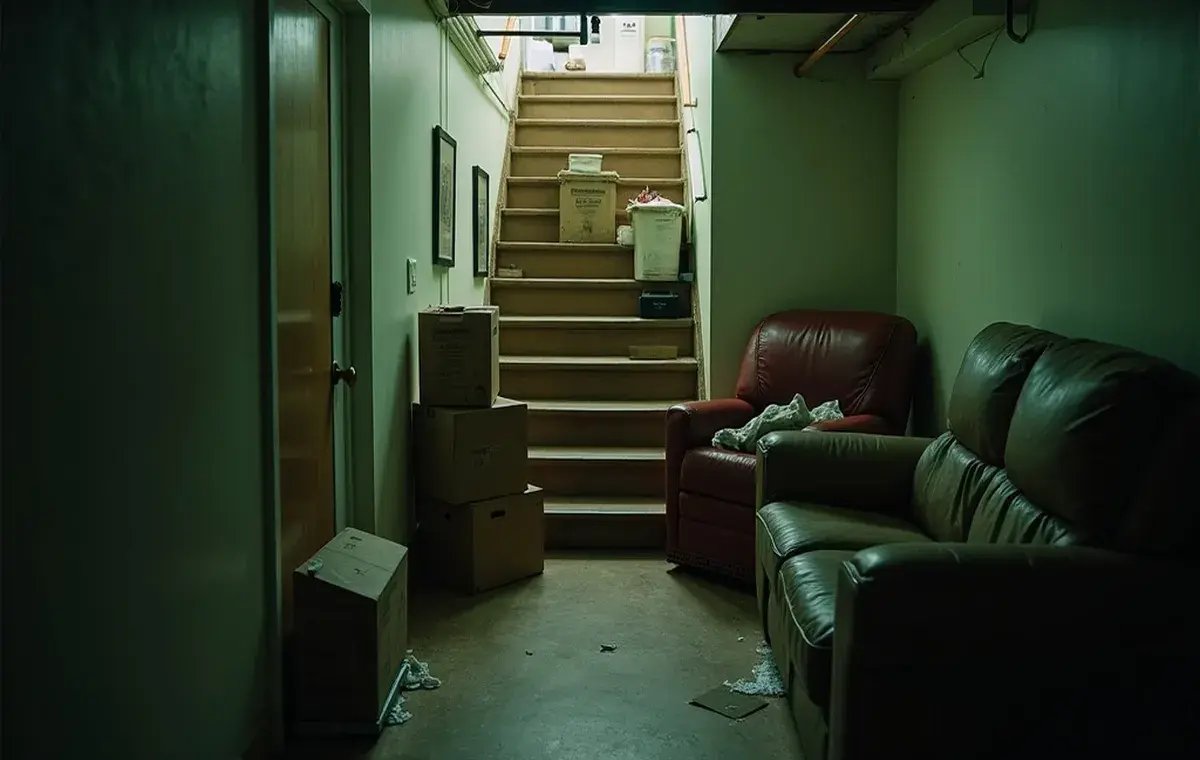 Basement cleanout service visual with boxes and furniture removal styling